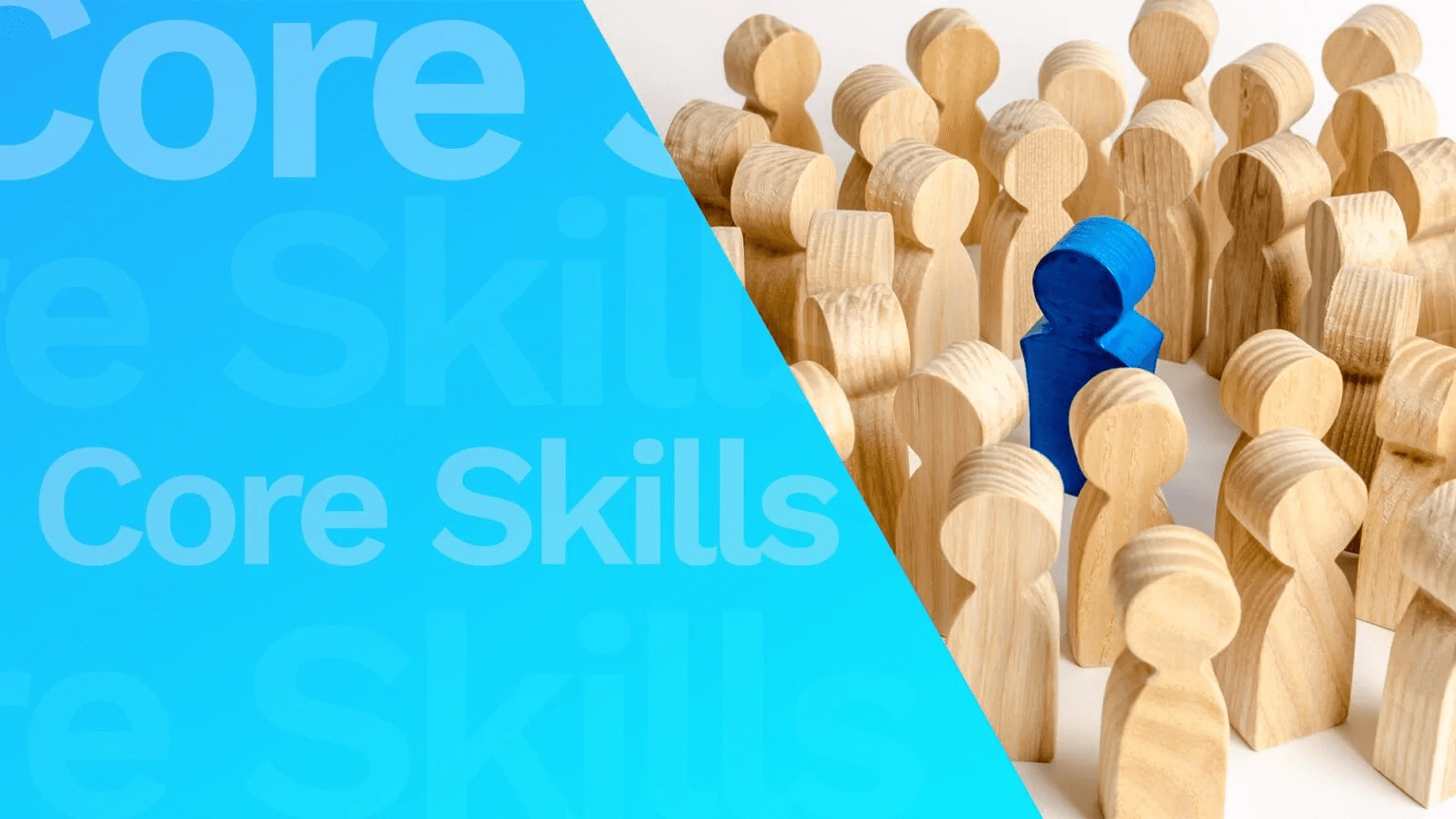 a group of wooden pawns with a blue person standing out from a crowd